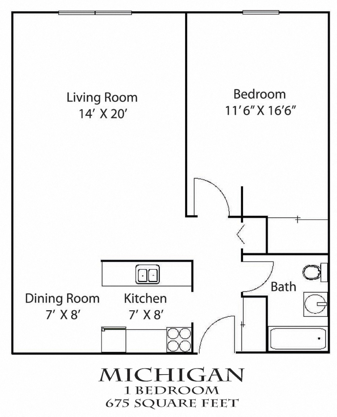 Floor plan for 1 bed, 1 bath, 795 sqft